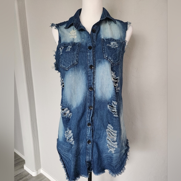 Thrill Jeans Sleeveless Denim Distressed Collared Top Shirt Blouse High Low Sz M - Picture 8 of 14